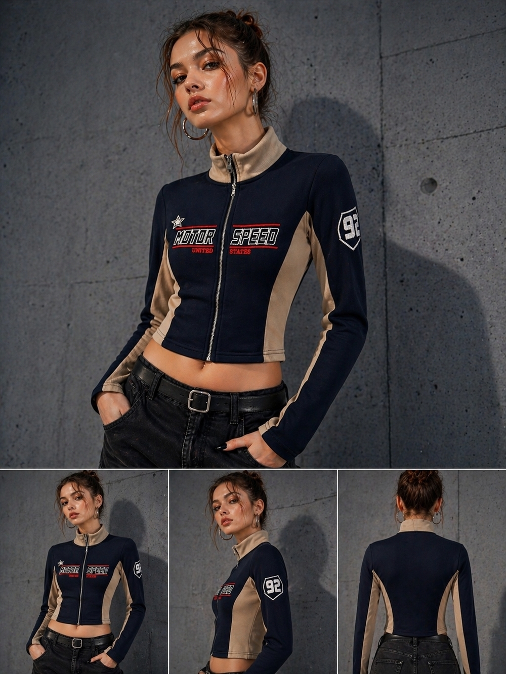 Daisy Street Y2K Racing Fitted Zip Jacket • Dark navy